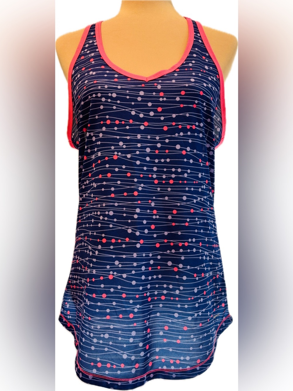 Hind Blue Tank with Coral Trim and Dot-Stripe Pattern - Size L